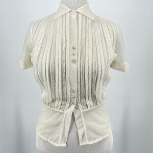 Vintage 50s Sheer Blouse Ivory Pintuck Pleat Novelty Glass Button Wounded Bird M